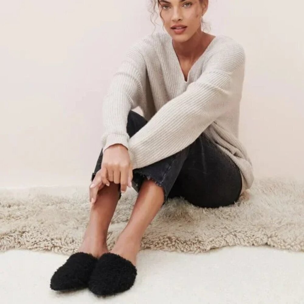 Jenni Kayne Shearling Mules Designer Minimalist Comfy in Black Italy 38/US 8